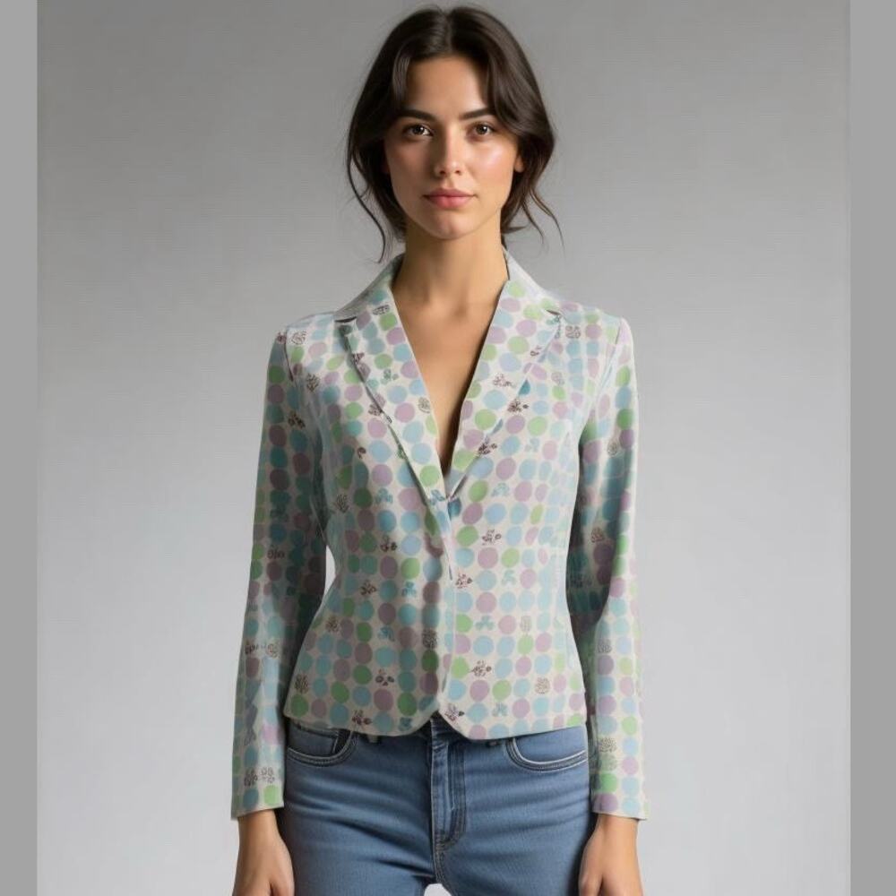 Gene Meyer Blue Purple Green Polka Dot Ditsy Floral Cotton Cropped Blazer 4
